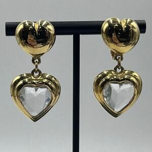 Gold Tone Unsigned Faceted Heart Dangle Clip On Earrings High End